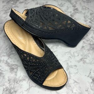 Atalina Metallic Rhinestone Cutout Platform Wedge Heel Sandal Slip On Shoes NWOT